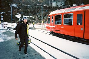 Anttu arriving at the train station in Leysin.