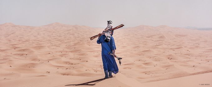 A local skier dressed in a traditional Djellaba.