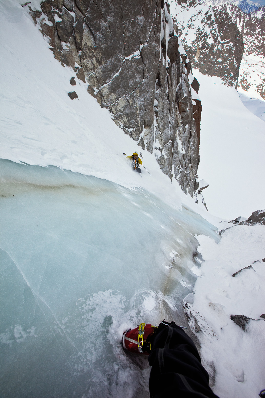 2009 with Ryan Boyer in the Sierra Palisades at 14,000 feet. I had first envisioned skiing next to ice in Chamonix in 2008, but it never materialized. When our friend went up this couloir and sent me a pic of the ice the following winter, I knew this was my chance. Ryan is skiing on telemarks and I’m in some pre-AT conversion with minimal walk mode. The foot was not part of the original vision, but happened to lend some perspective. 